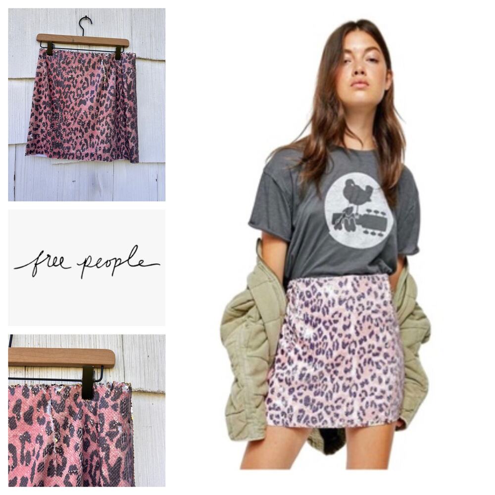 Free People One Pink‎ Cheetah Sequin Festival Mini Skirt Size 2 NWT